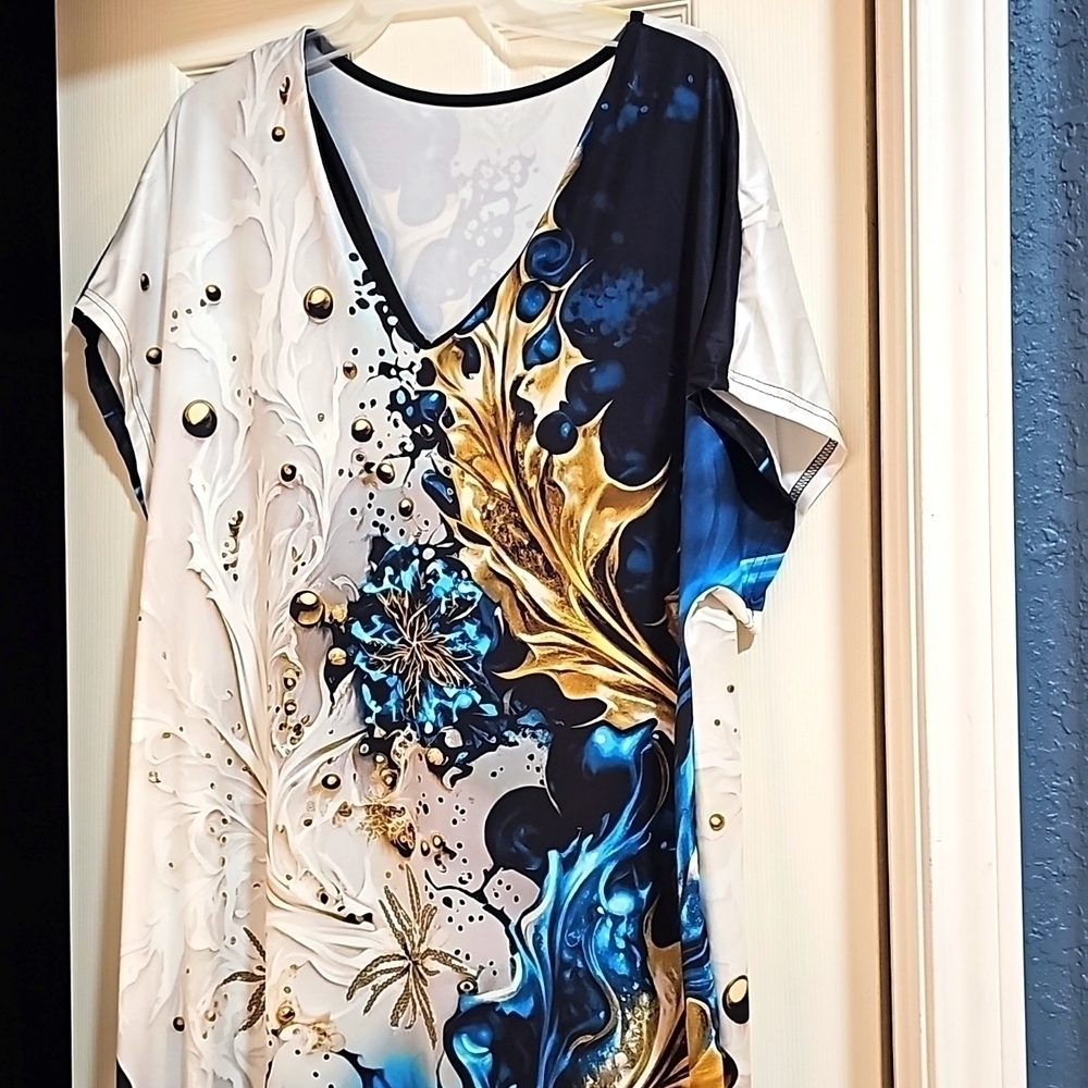 New Vibrant Tropical Vacation V-Neck Short Sleeve Coverup Or Dress - Picture 4 of 14
